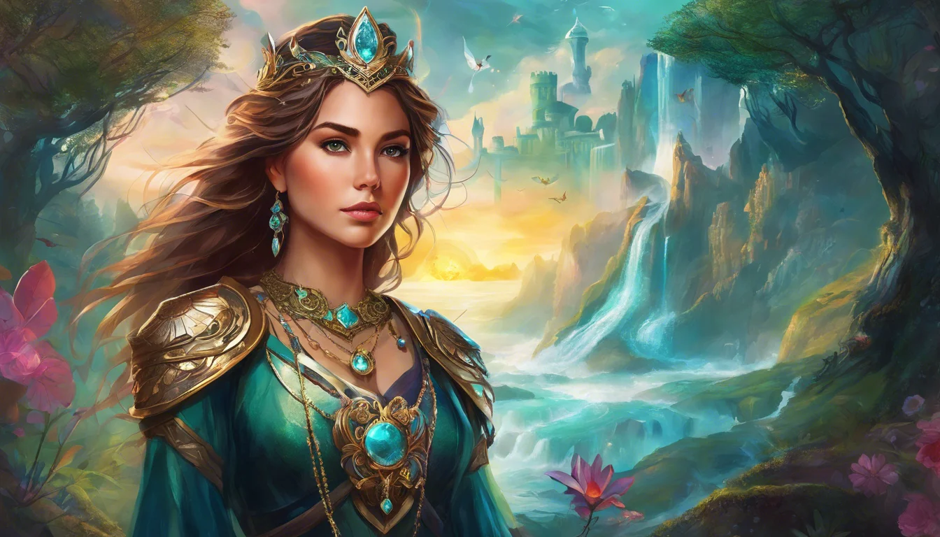 A regal woman with flowing hair, wearing a jeweled crown and ornate turquoise gown, stands against a vibrant fantasy landscape featuring a waterfall and distant castle.