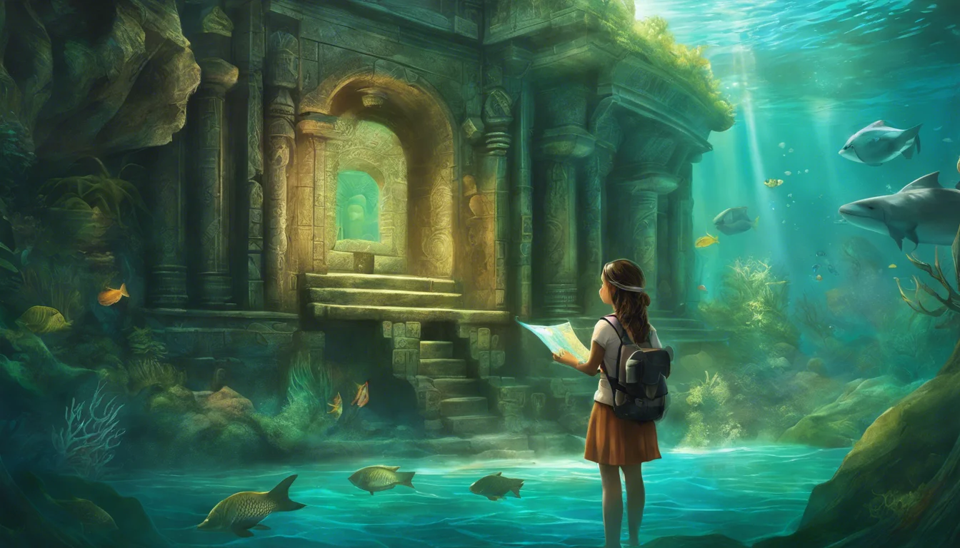A girl with a backpack stands underwater, examining a map near a submerged ancient temple, surrounded by fish and illuminated by rays of sunlight.