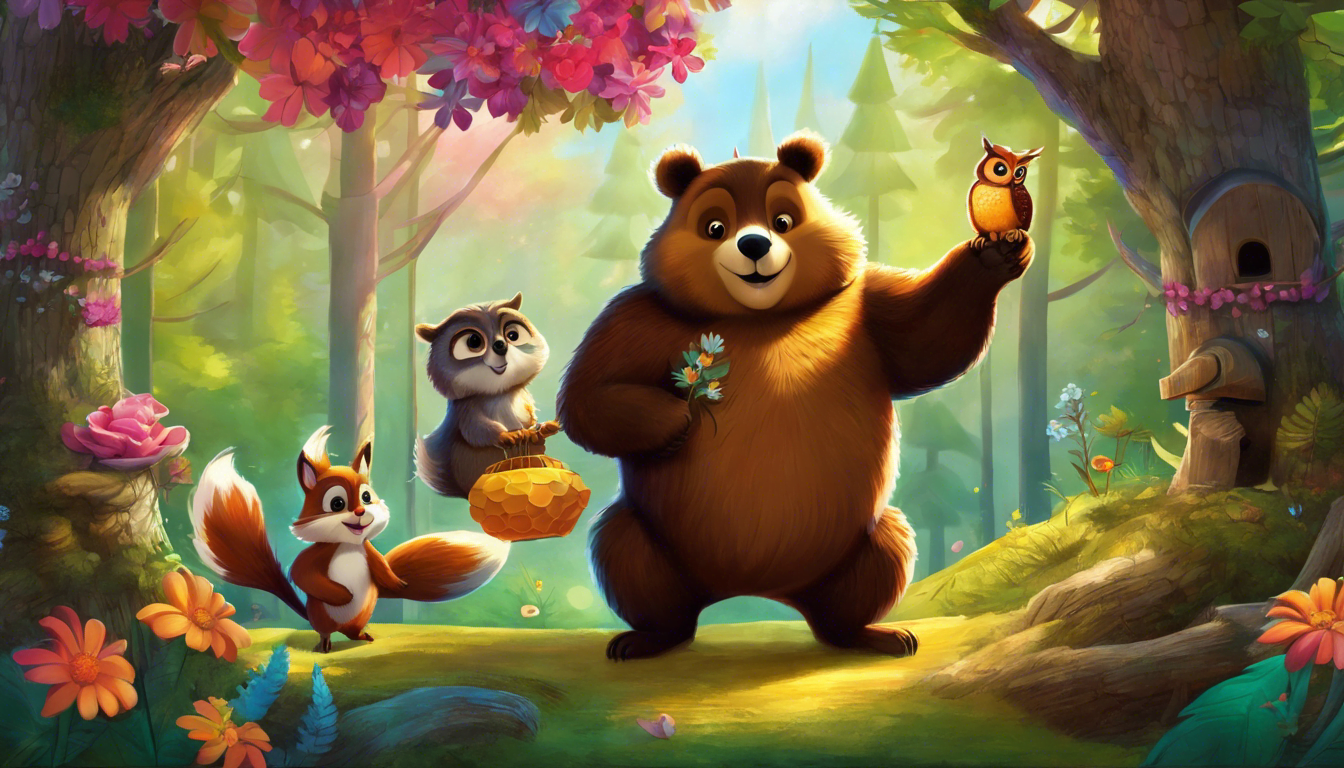 Animals collecting honey in a colorful forest scene.