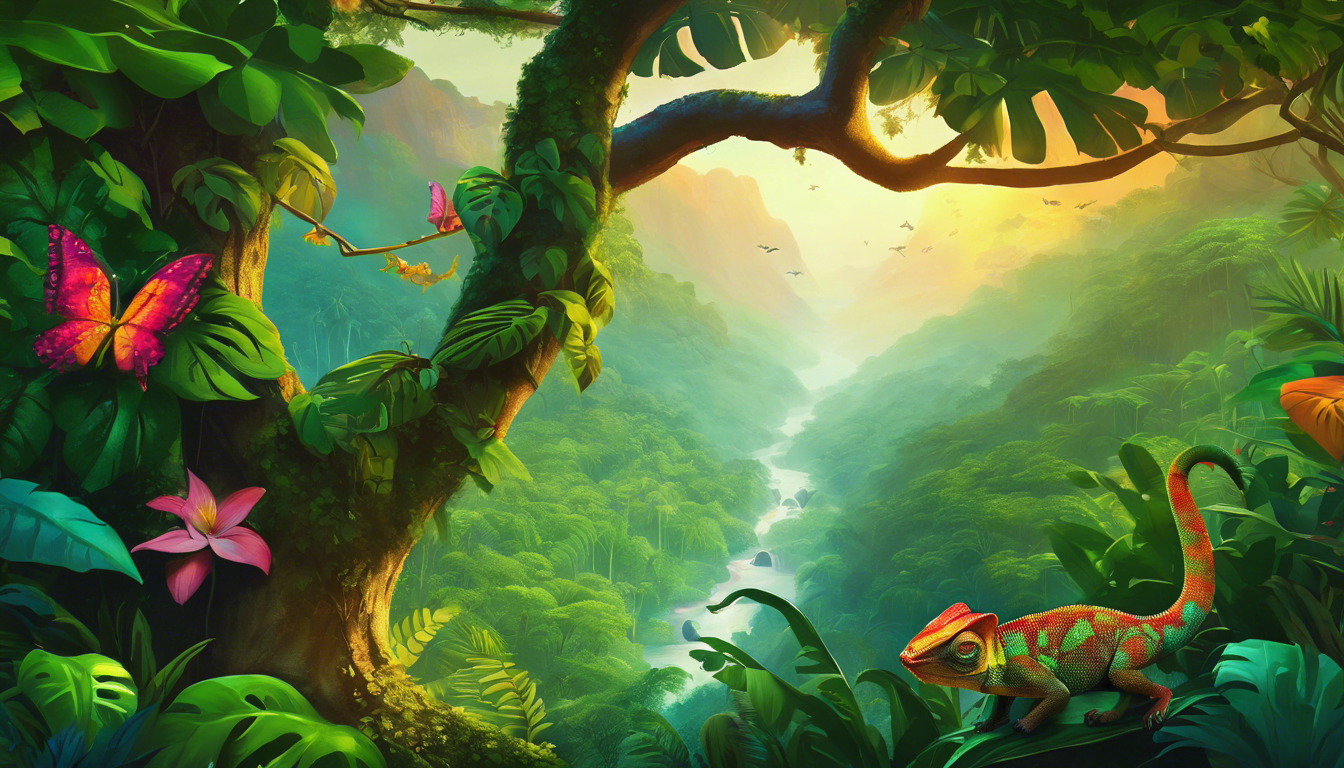A chameleon named Chroma painting a mural in a vibrant jungle.