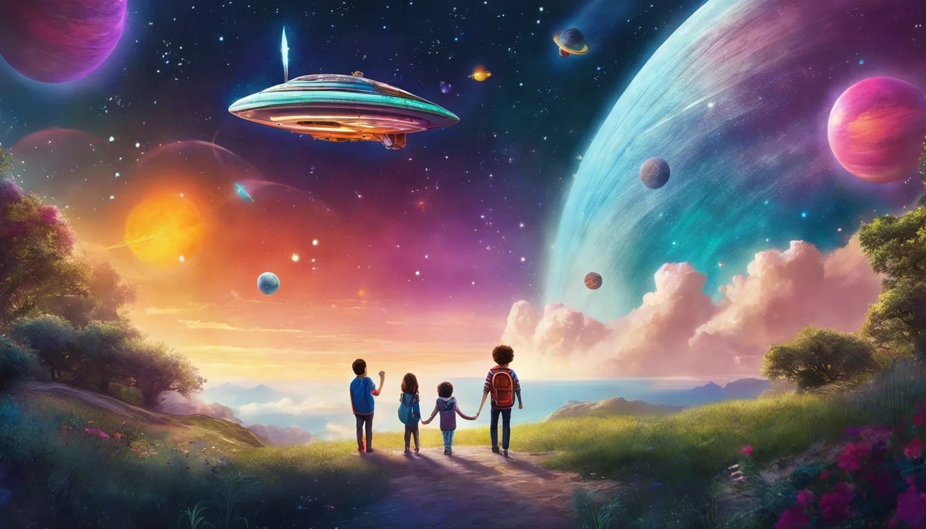 Four children stand hand-in-hand, gazing at a colorful galaxy filled with vibrant planets and a hovering spaceship against a magical sunset.