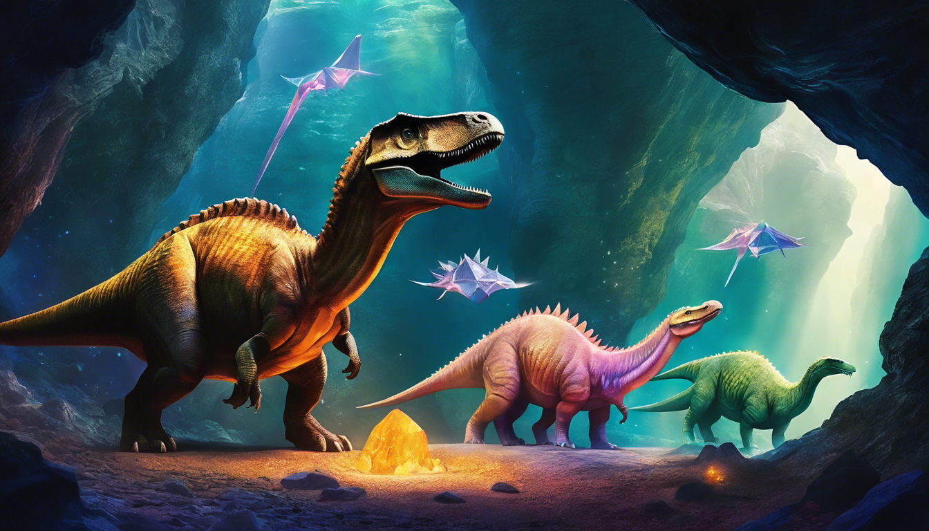 Four dinosaurs in a crystal-filled cave.