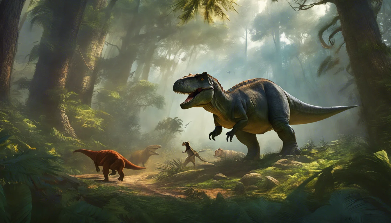 A vivid prehistoric scene depicting a towering T-rex, smaller dinosaurs, and a person walking through a lush, misty jungle filled with ferns and tall trees.