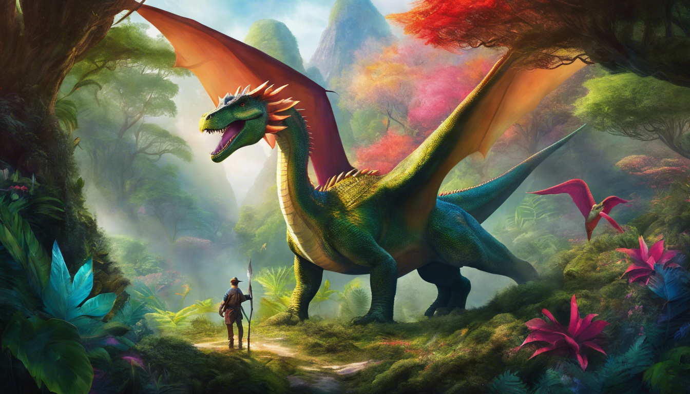 A dinosaur stands in a colorful forest surrounded by magical creatures.