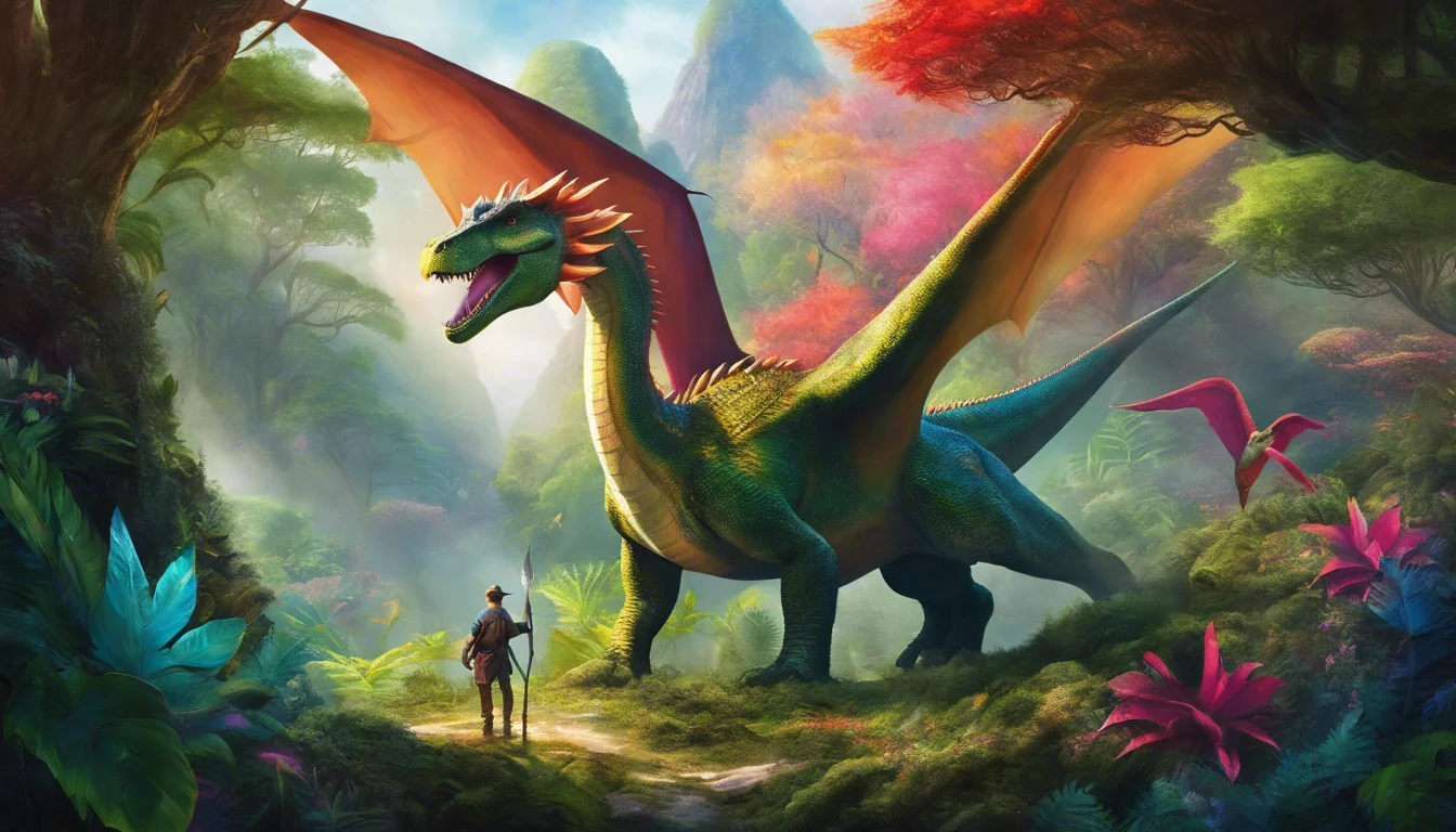 A vibrant forest scene featuring a majestic dragon with colorful wings, standing beside a small figure holding a spear, surrounded by lush foliage and vivid plants.