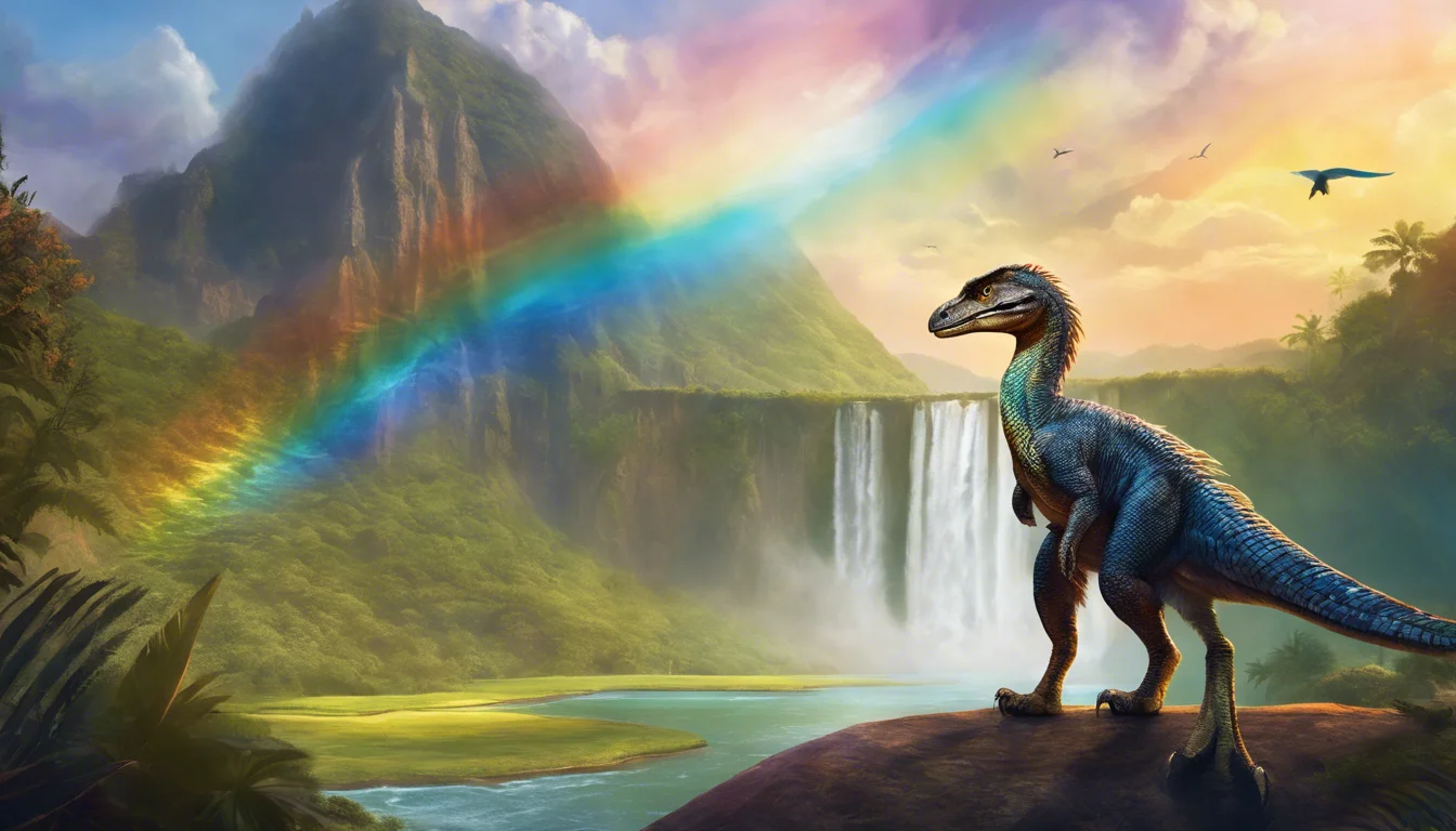 A vibrant landscape featuring a blue dinosaur near a waterfall, with a rainbow arching across a lush, mountainous background.
