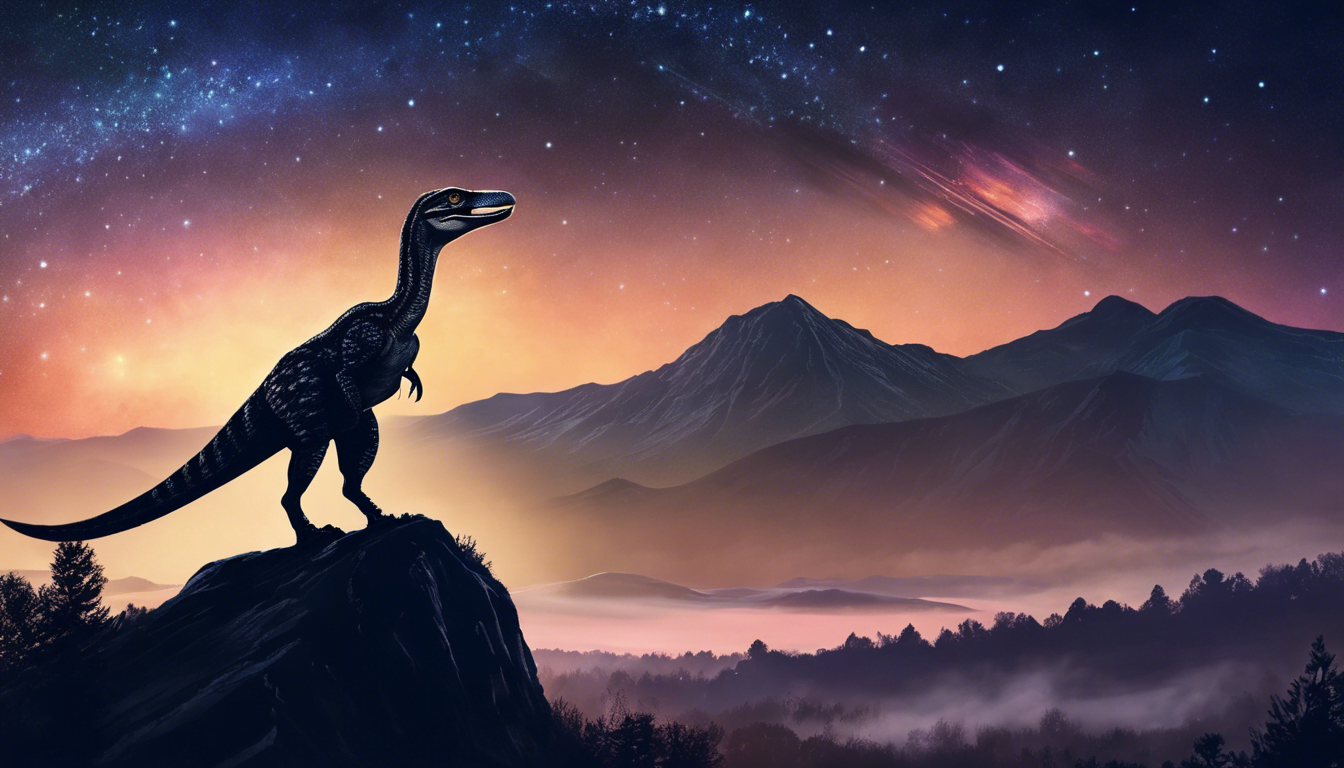 A Velociraptor with a telescope stargazing on a hill.