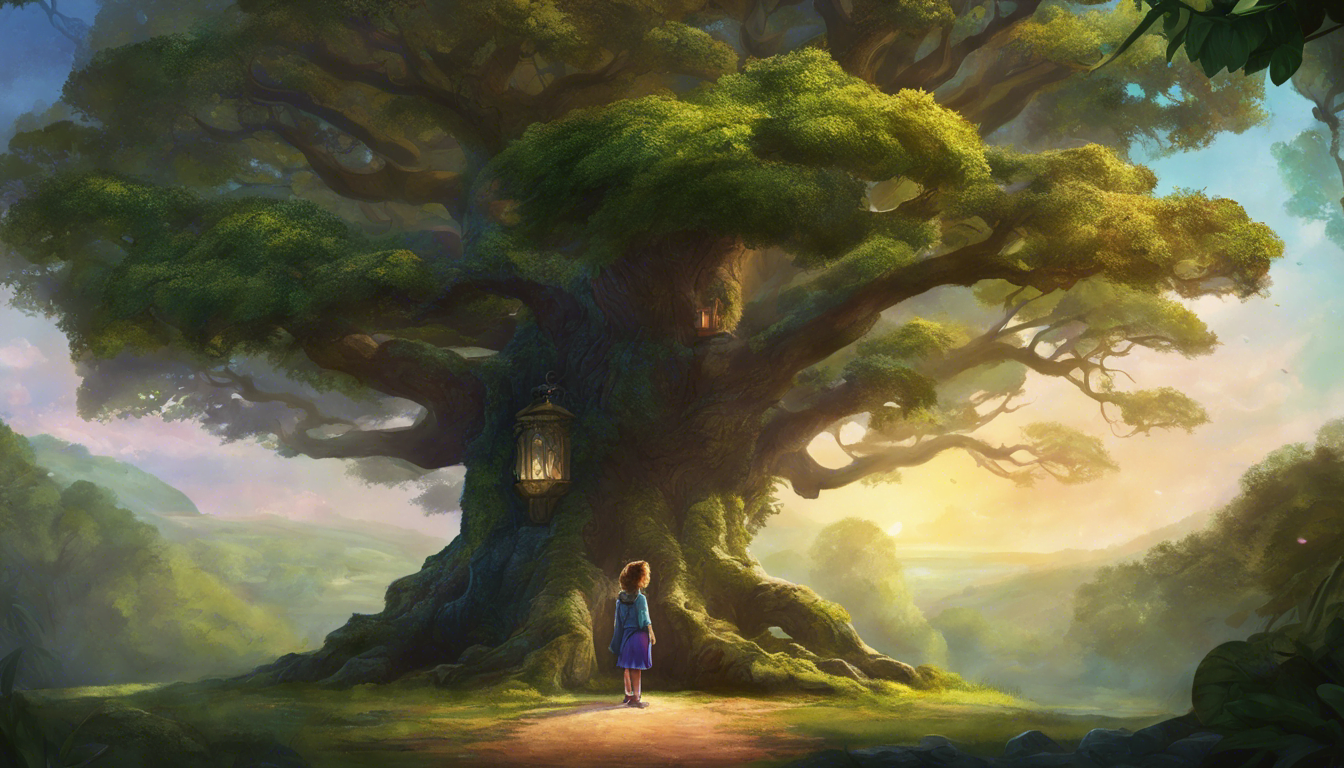 A child named Ellie stands in front of a magical oak tree with a hidden laboratory inside.