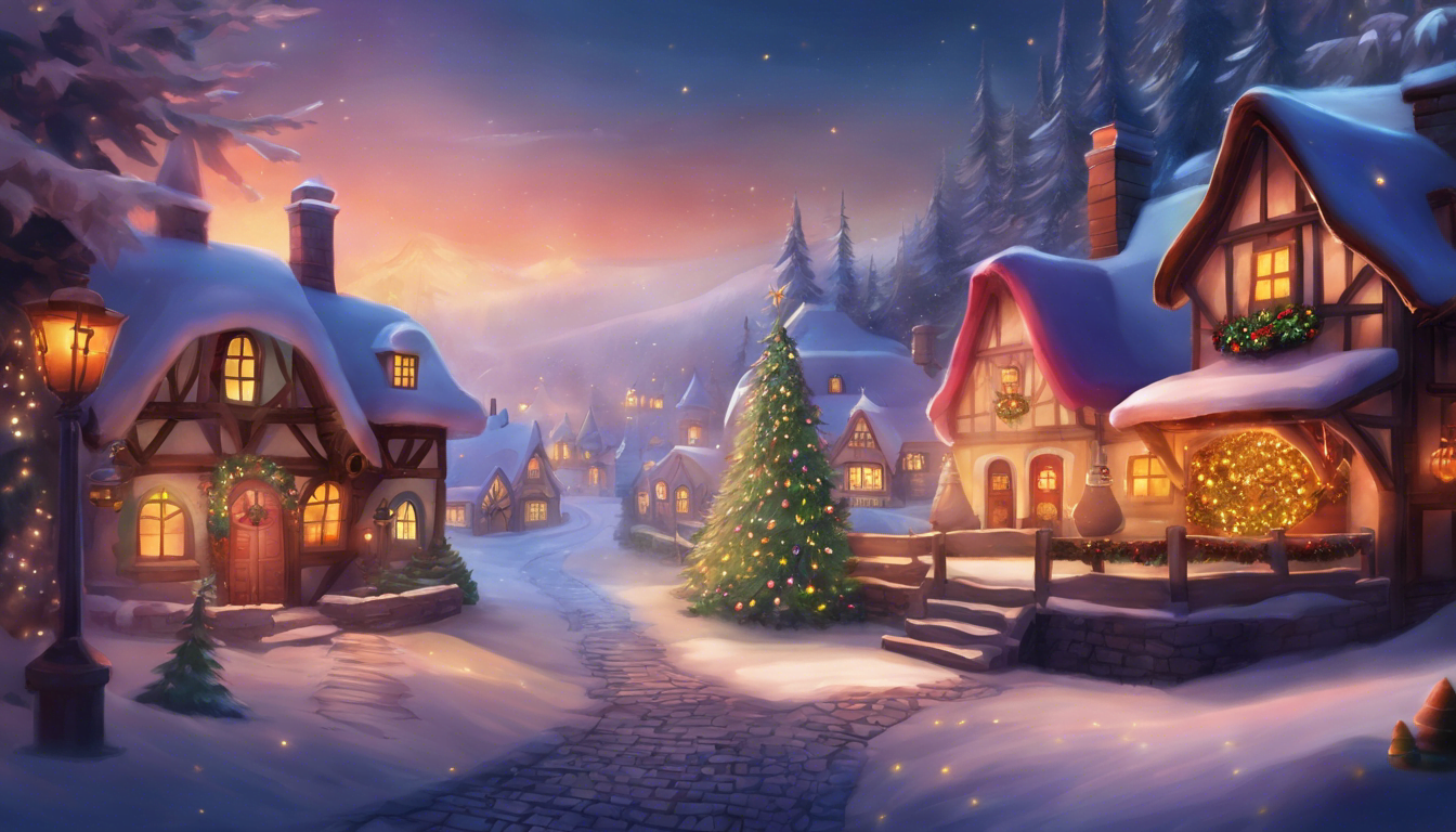 A festive village with a magical fireplace and enchanting characters.