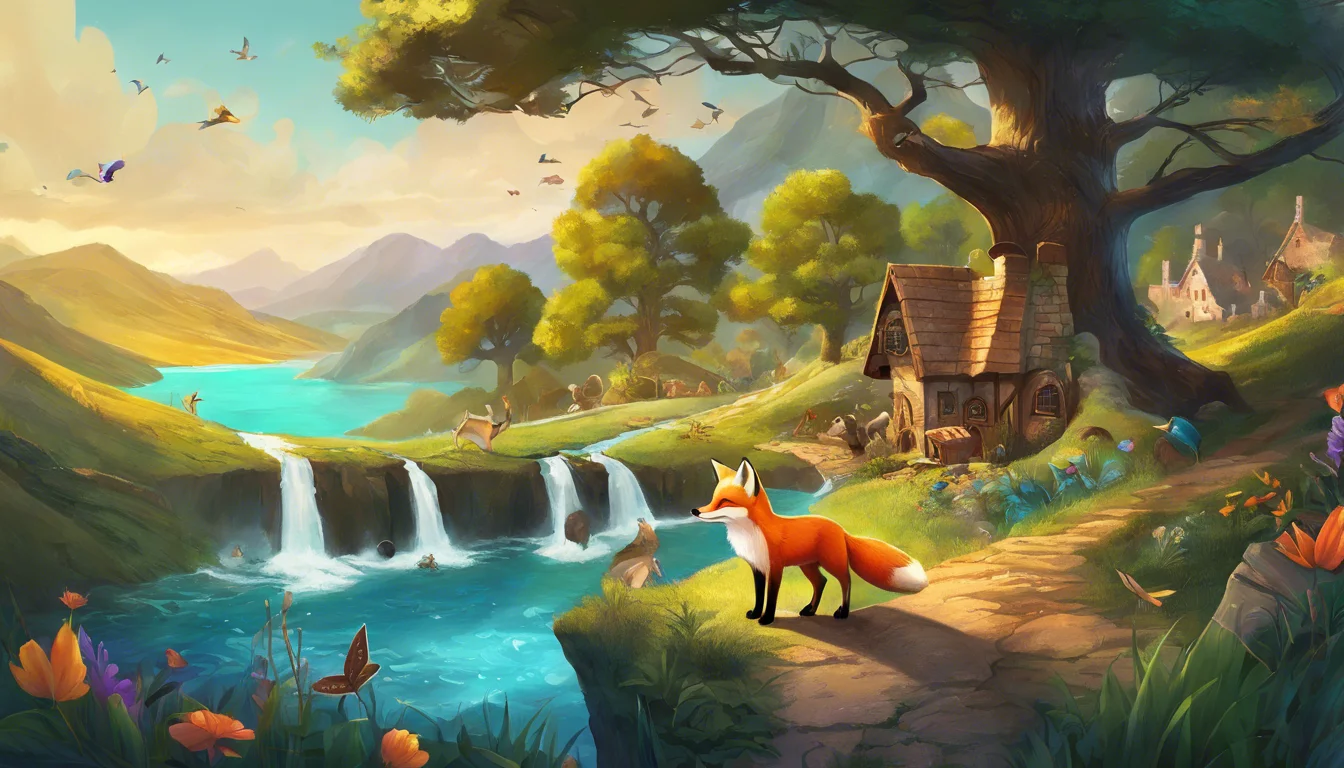 A colorful, whimsical landscape featuring a fox near a serene river, cascading waterfalls, a quaint cottage, and lush trees, with birds flying in a bright sky.