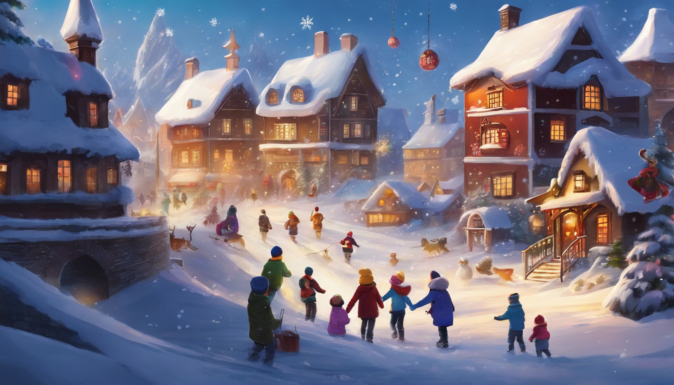 Children playing in a snowy village, with a snowflake spreading magic.