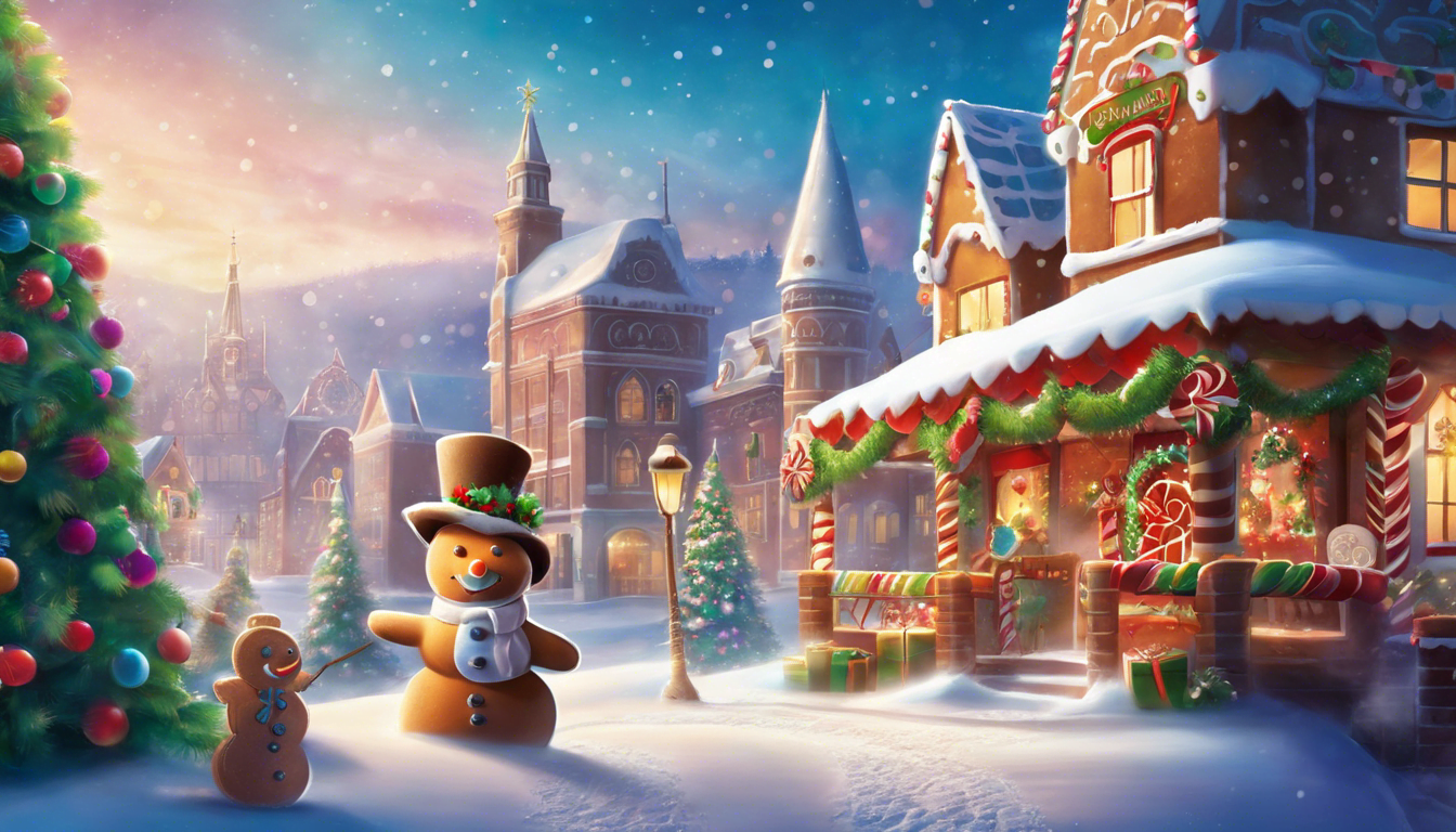 A gingerbread cookie and a snowman explore a candy-filled world.