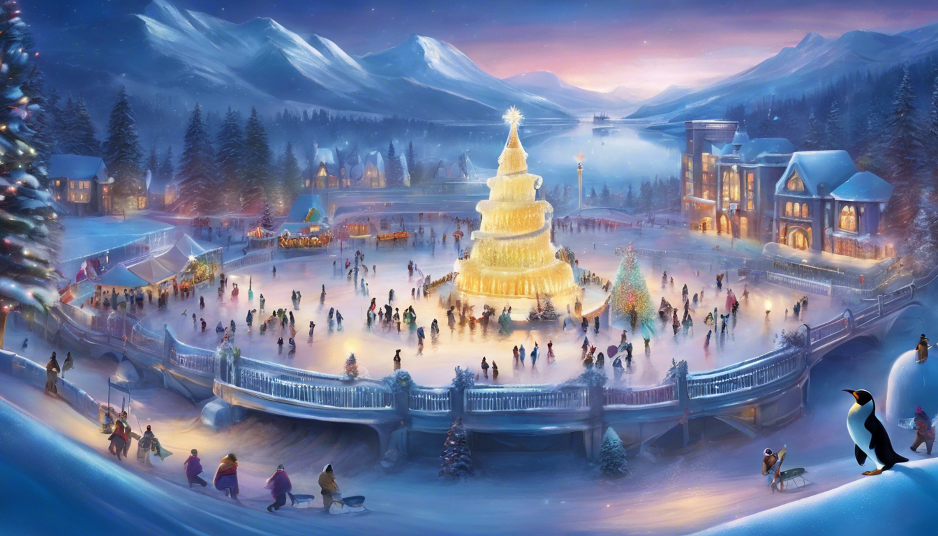 A festive winter scene with penguins and an ice palace.