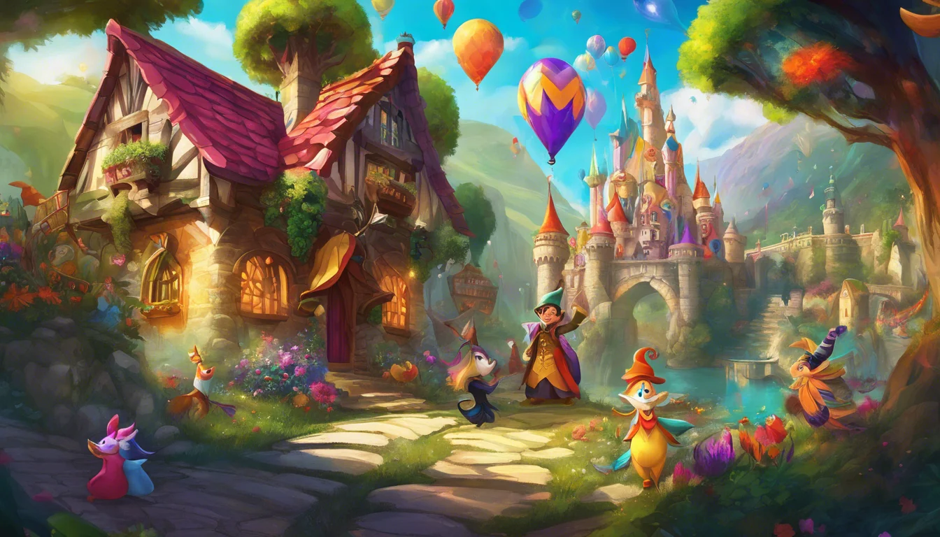 A colorful fantasy scene featuring a quaint cottage, vibrant flowers, whimsical animals, and hot air balloons, with a majestic castle in the background under a bright blue sky.