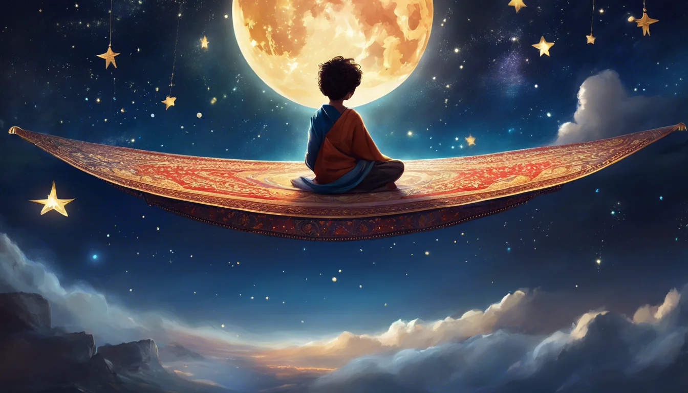 A child sits cross-legged on a flying carpet, gazing at a large, glowing moon surrounded by twinkling stars against a dreamy night sky.