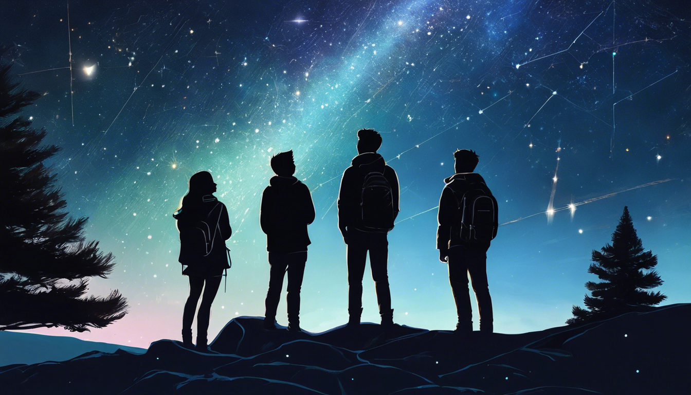 Four friends looking up at a constellation in the night sky.