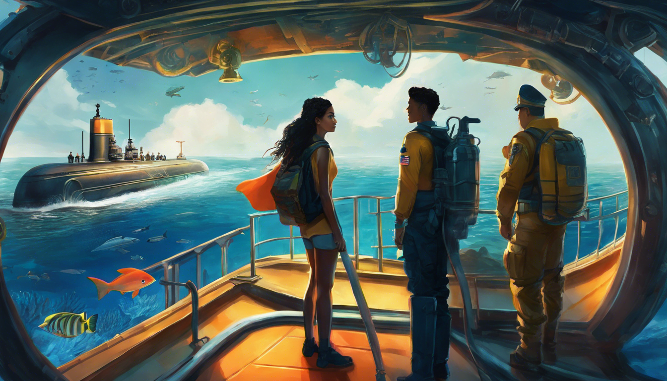 A girl and diverse crew on a submarine exploring the underwater world.