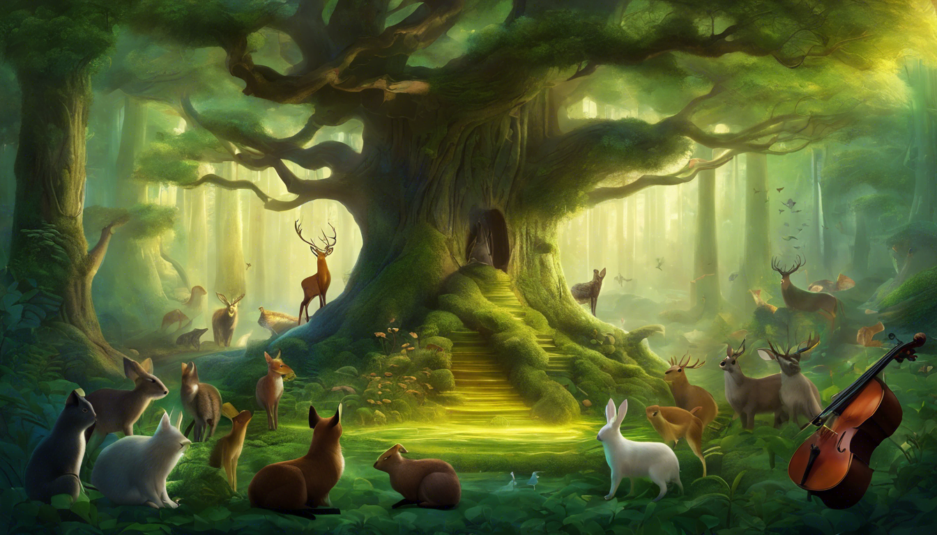 An illustration of a young sapling conducting an orchestra of trees and animals in a magical forest.