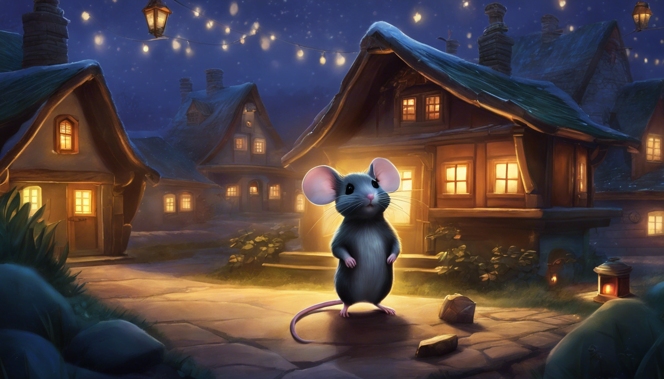 A cute mouse is standing in front of a house, in a village, at night