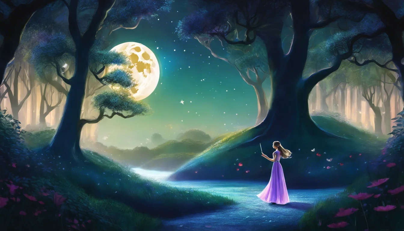 A young woman in a flowing purple dress stands in a mystical forest under a bright full moon, surrounded by glowing orbs and vibrant flowers.