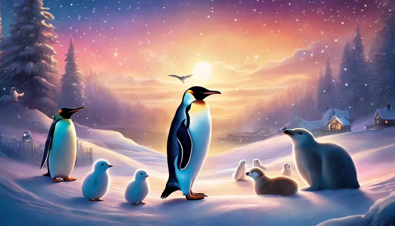 A group of penguins and seals stands in a snowy landscape during a colorful sunset, with trees and distant houses visible in the background.
