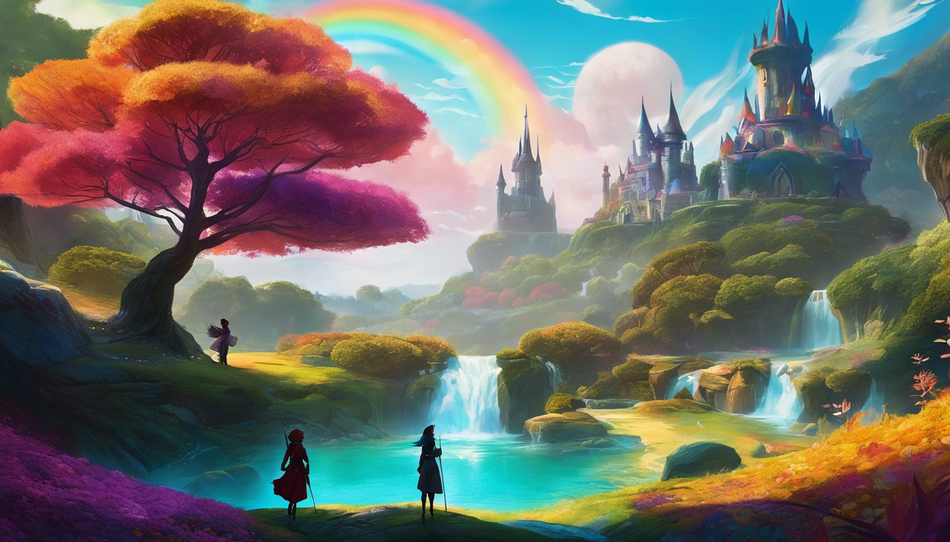 Princess Elara and magical creatures exploring a whimsical landscape.