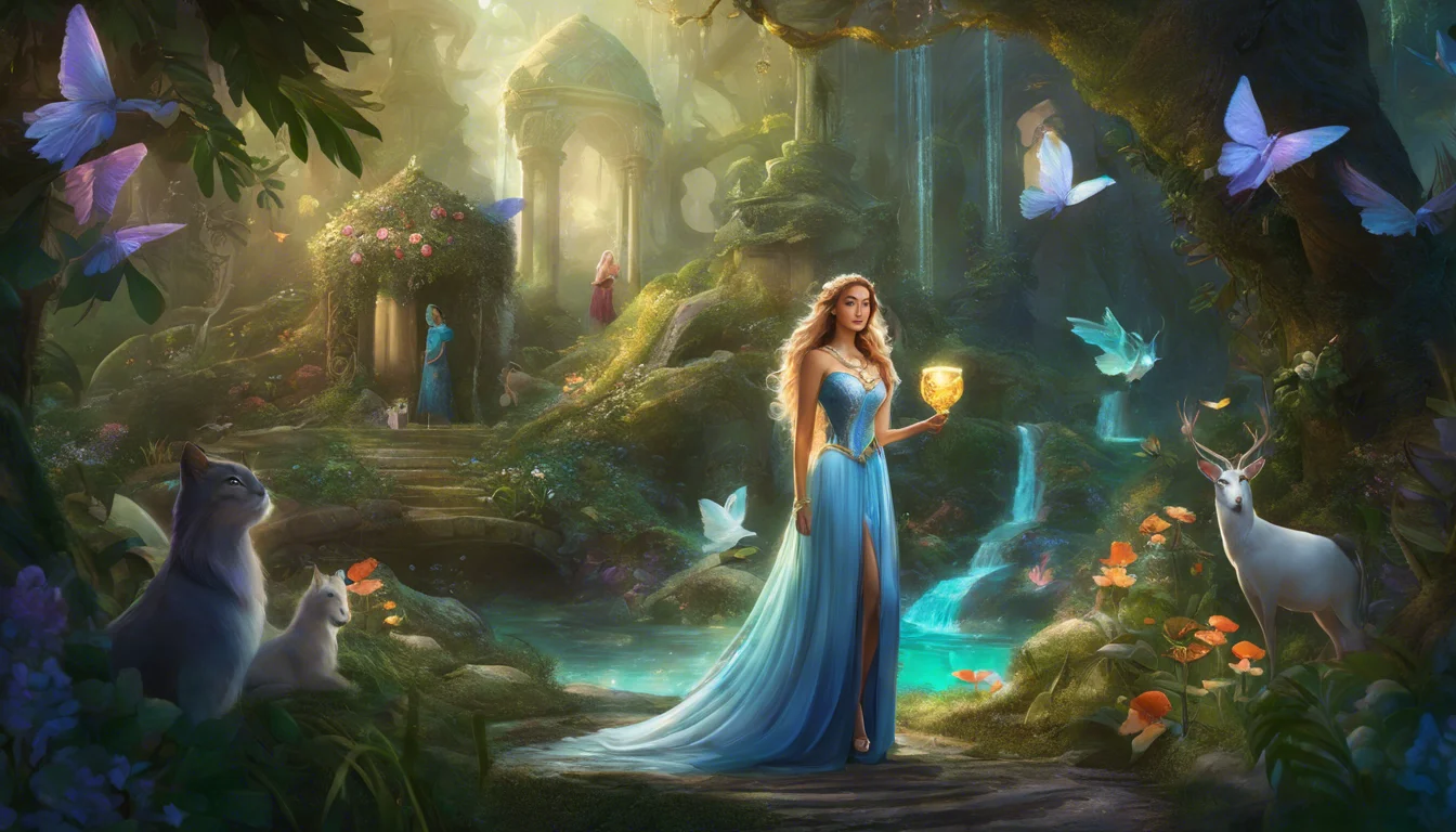 A fairy-tale scene featuring a woman in a shimmering blue gown holding a golden cup, surrounded by mystical creatures, vibrant butterflies, and a serene forest setting with flowing water and ancient ruins.