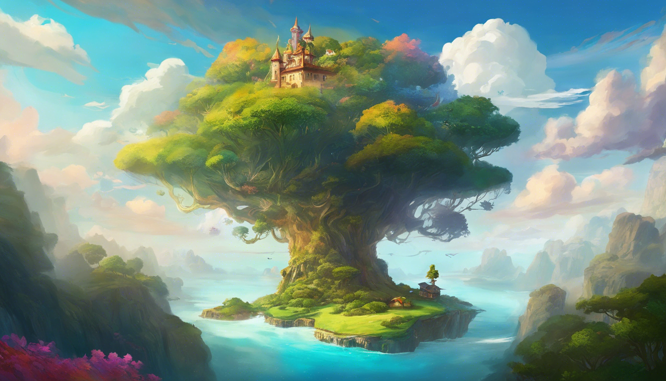 A weird floating world, with a castle in a tree.