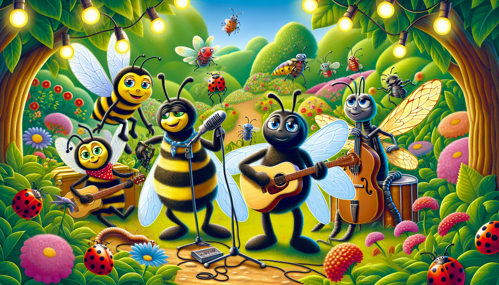 A group of anthropomorphic insects in a vibrant garden playing in a band.