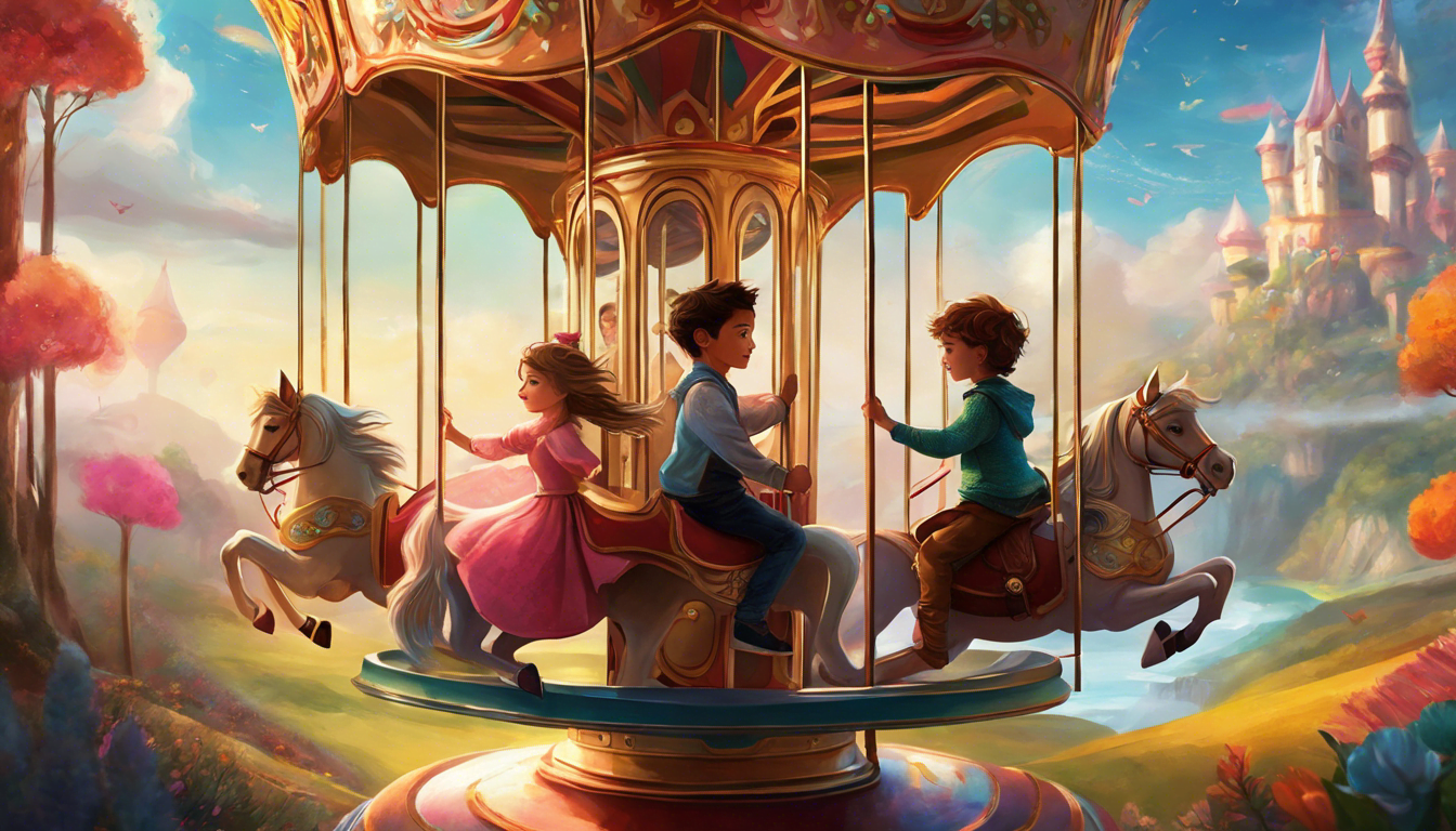Children riding on a magical carousel surrounded by fantastical landscapes.