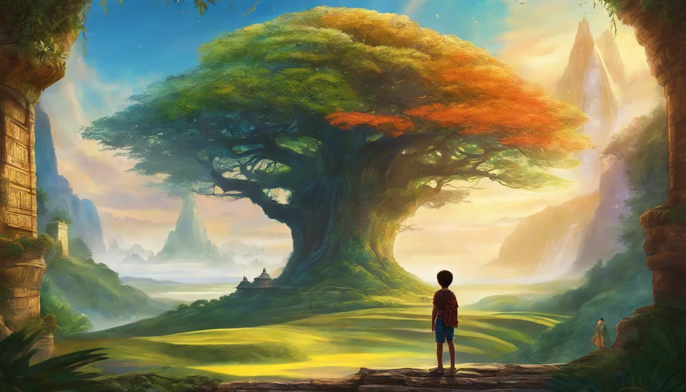 A young boy stands before a massive, colorful tree in a fantastical landscape, with vibrant hills and distant mountains under a serene sky.