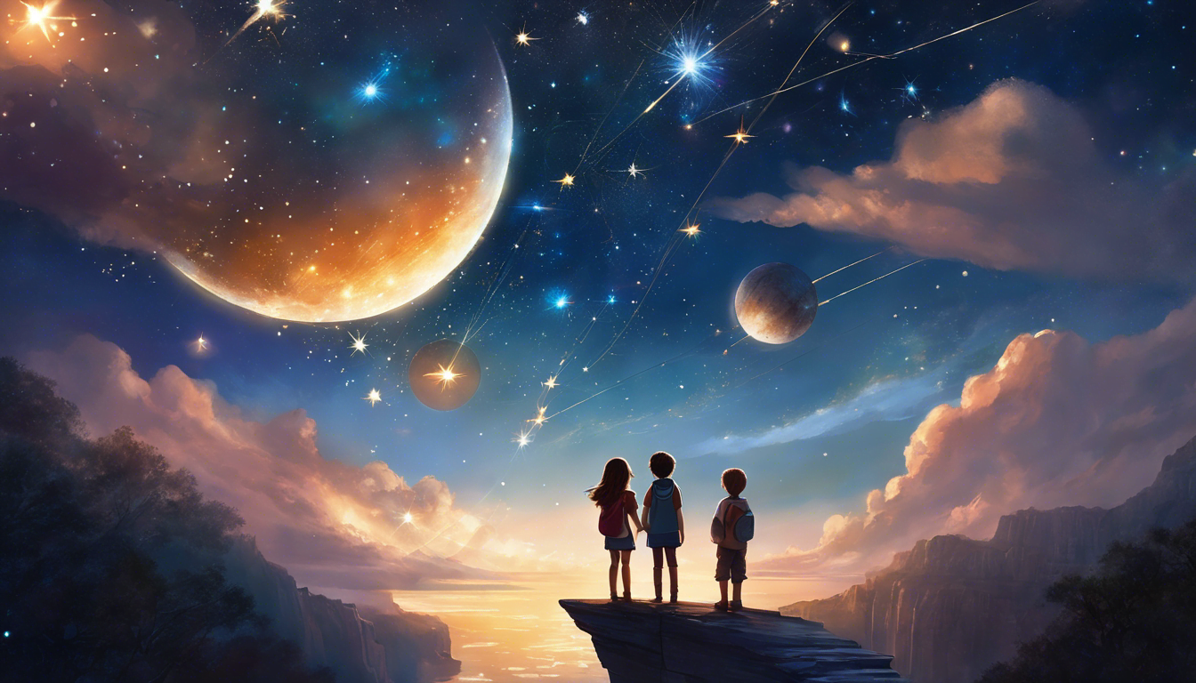 Two children hold glowing crystals on a celestial platform surrounded by stars.