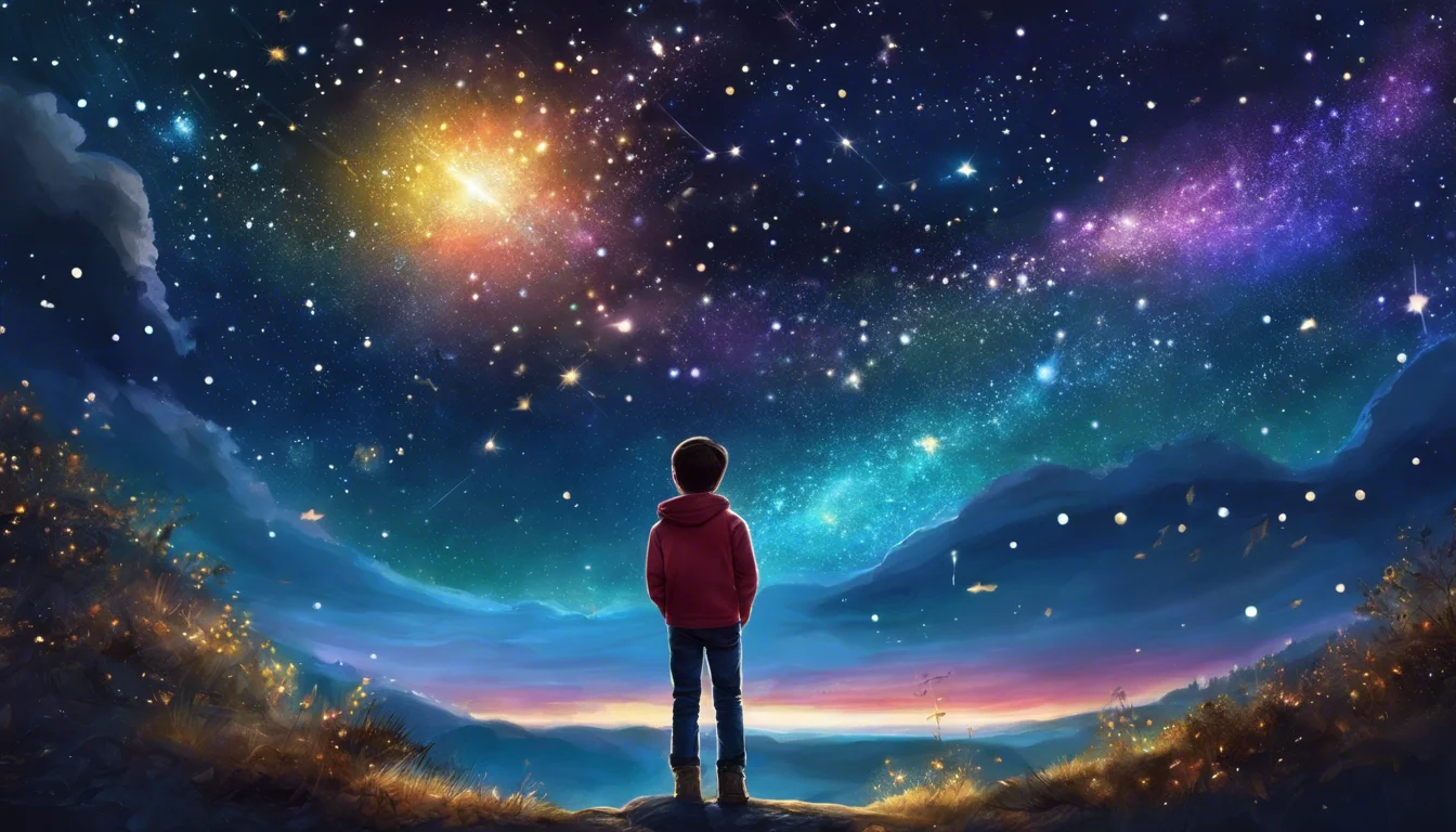 A child in a red hoodie gazes up at a vibrant night sky filled with stars and colorful galaxies, framed by distant mountains and a glowing horizon.