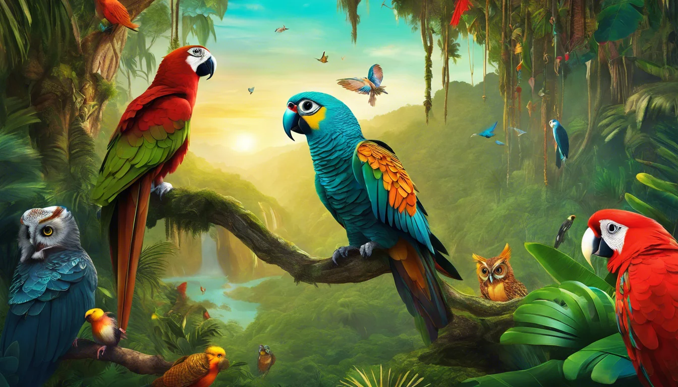 Vibrant tropical scene featuring colorful parrots perched on branches amidst lush greenery and a serene sunset in the background.