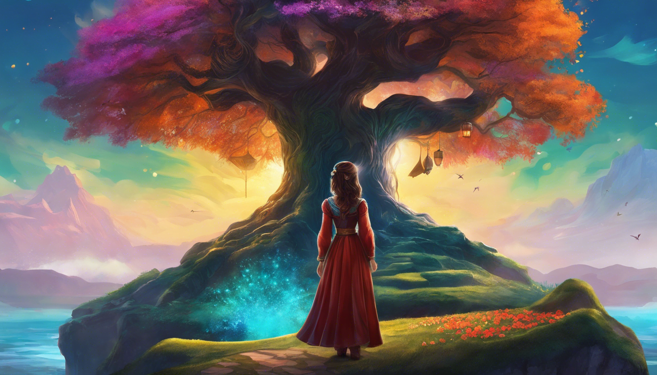 A young girl named Lila holds a mystical map in front of a vibrant tree with a chest.