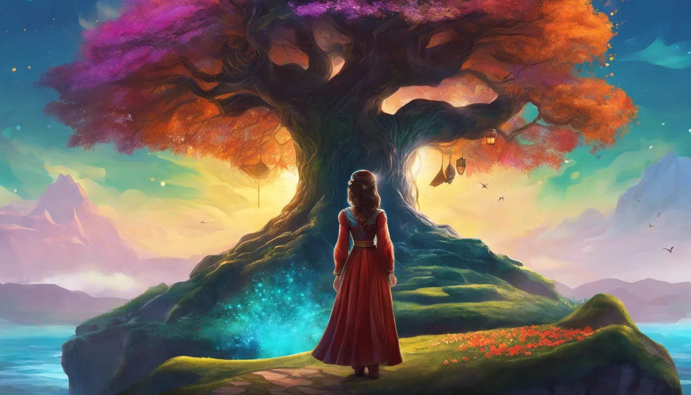 A woman in a red dress stands before a majestic, sprawling tree with vibrant leaves, overlooking a colorful landscape illuminated by a warm glow.