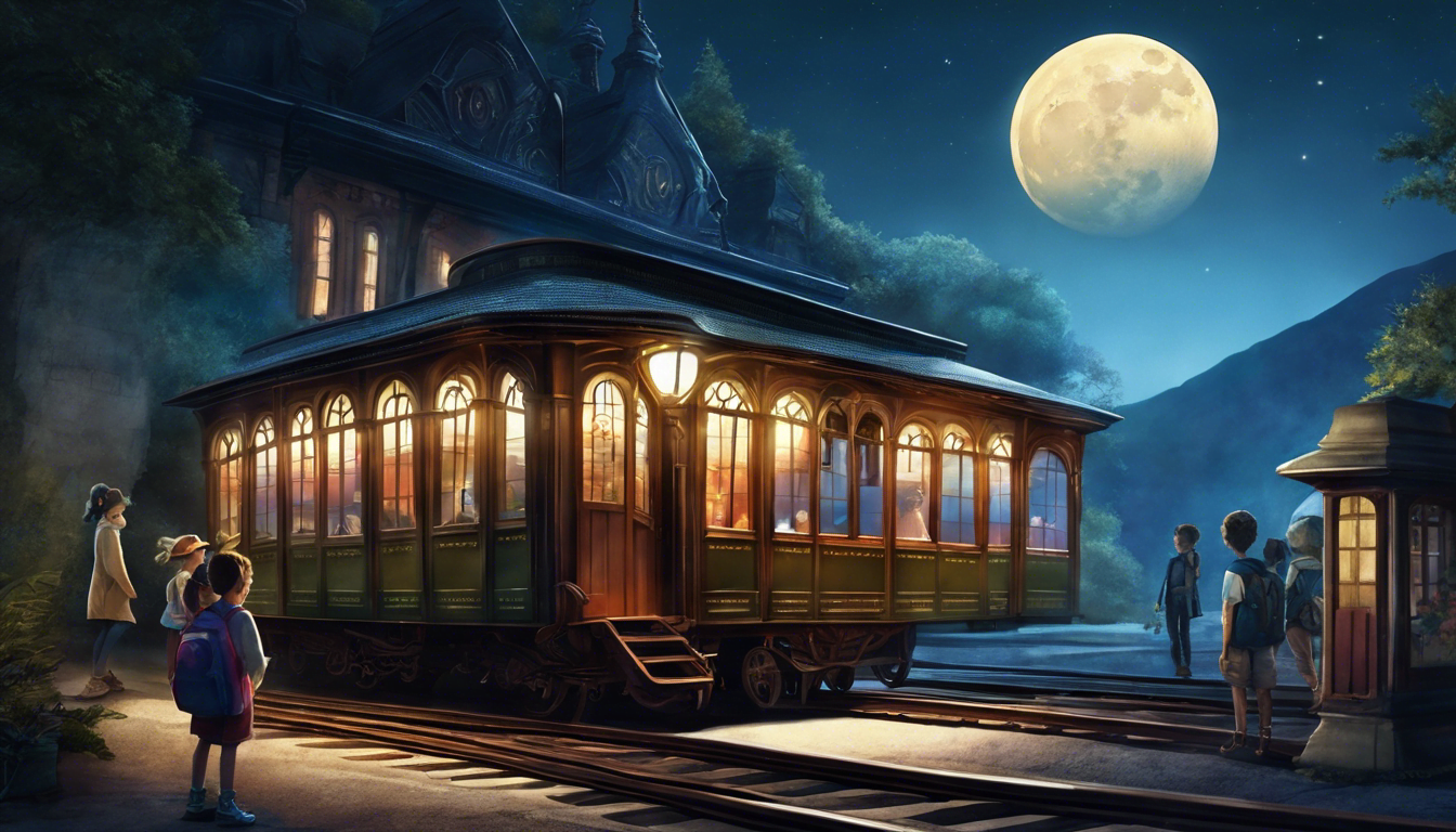 Children boarding a time-traveling train at a moonlit train station.