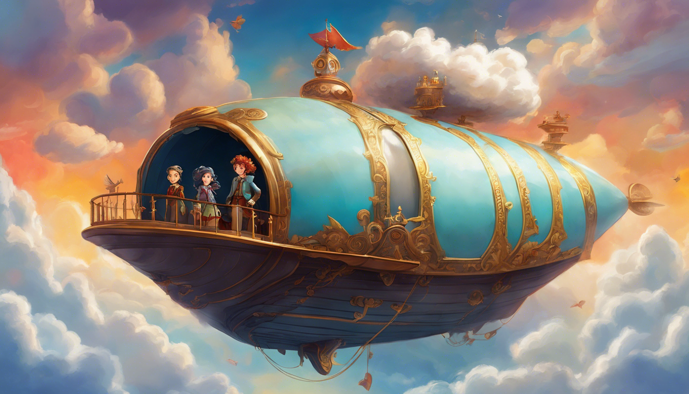 Four friends stand in front of a fantastical airship in the sky.