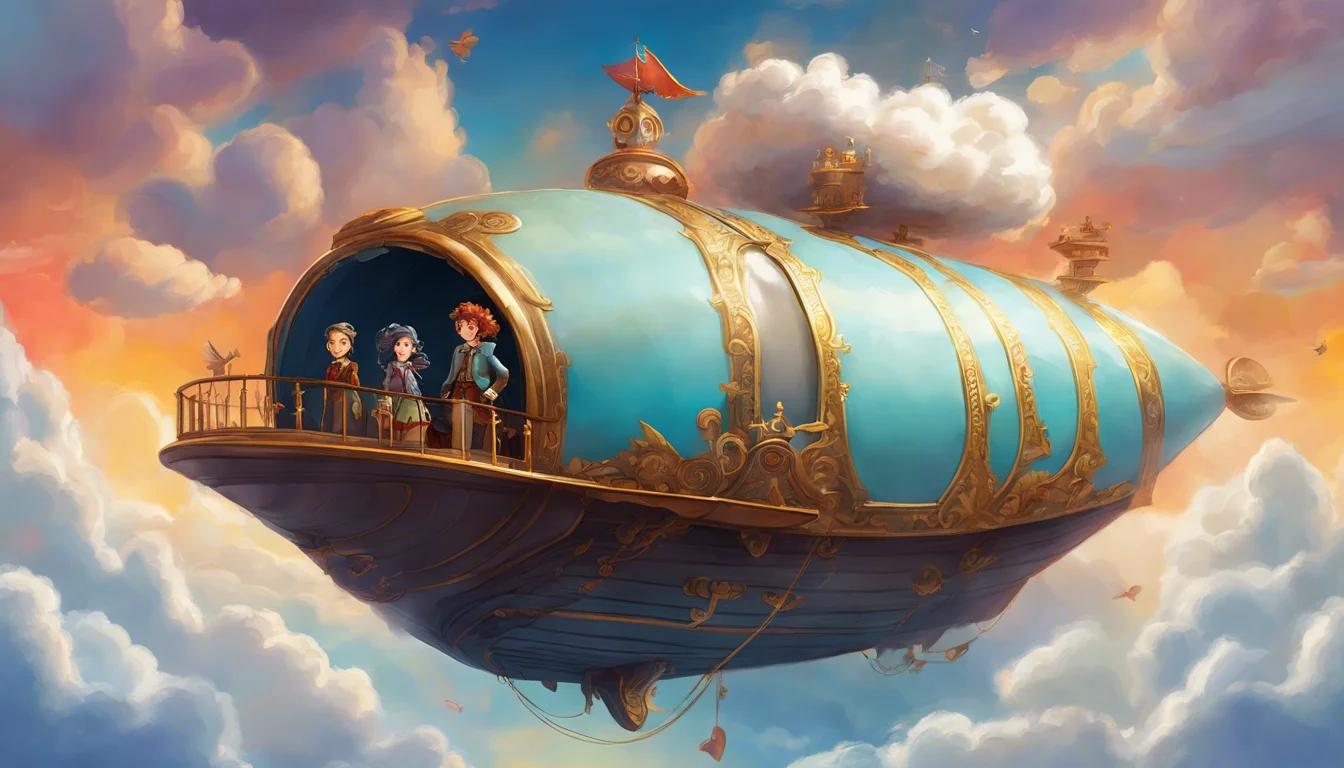 A colorful steampunk airship floating among vibrant clouds, with three characters standing on its deck, gazing into the distance.
