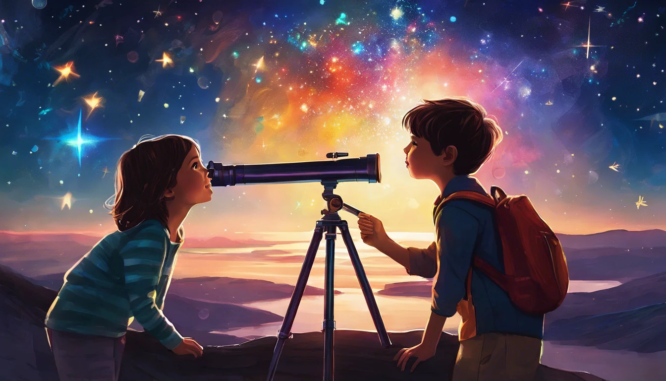 Children gazing through a telescope at a colorful starry sky, symbolizing curiosity and exploration.