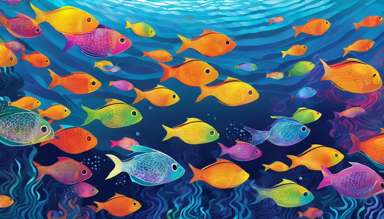 A vibrant underwater scene featuring a diverse school of colorful fish swimming among swirling water and coral.