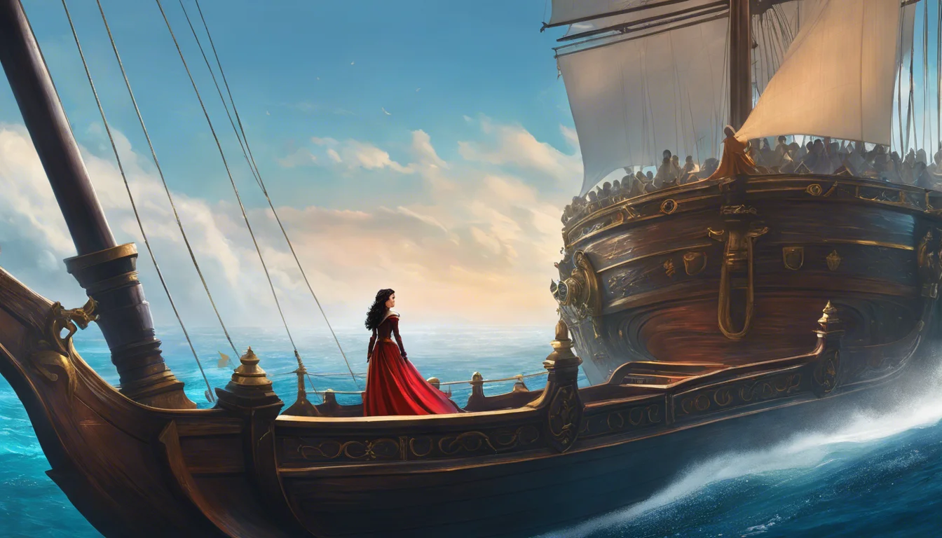 A dramatic scene of a majestic sailing ship on stormy seas, with a figure in a flowing red dress standing at the bow, gazing into the horizon.