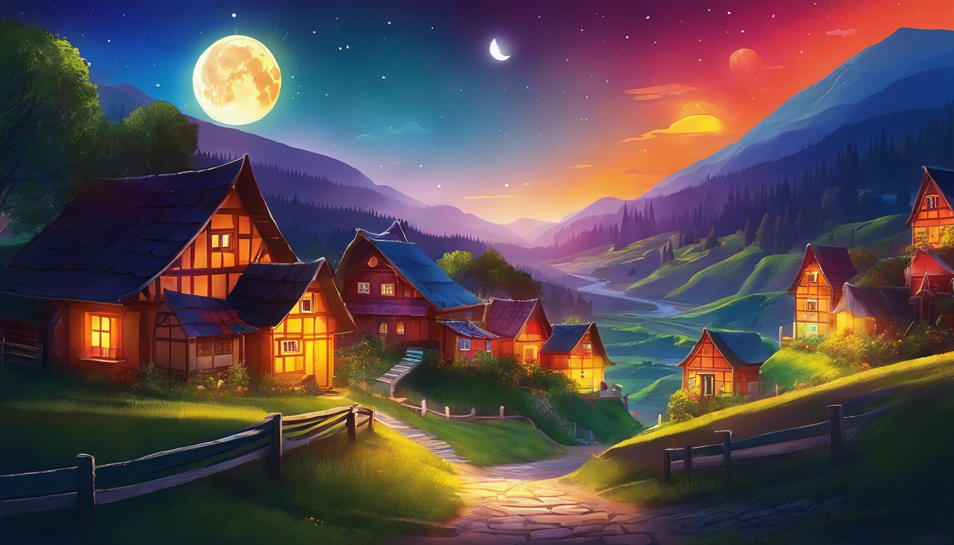 A whimsical village with vibrant colors and an unusual day-night sky.