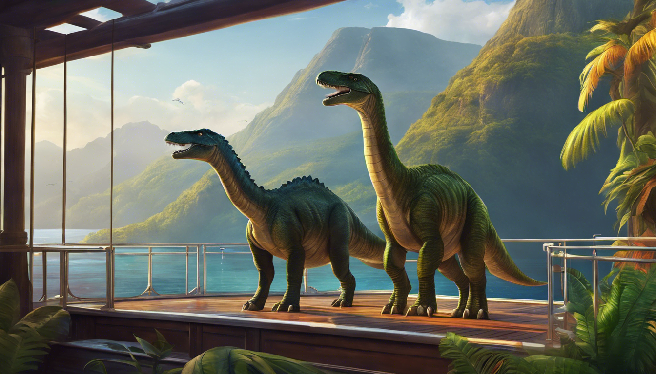 Two dinosaur friends on a ship, surrounded by landscapes and mountains.