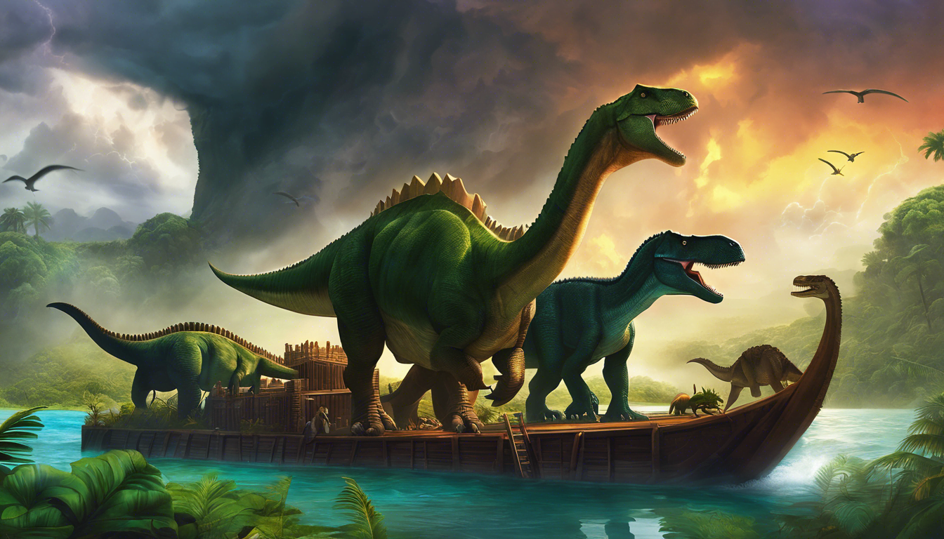 Group of dinosaurs building an ark in a prehistoric landscape.