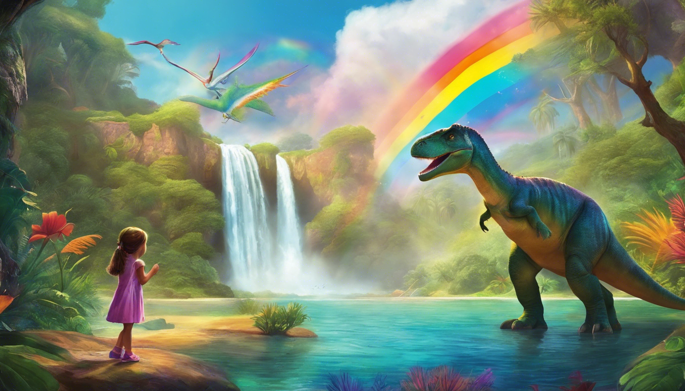 A little girl and a friendly dinosaur explore a magical landscape.