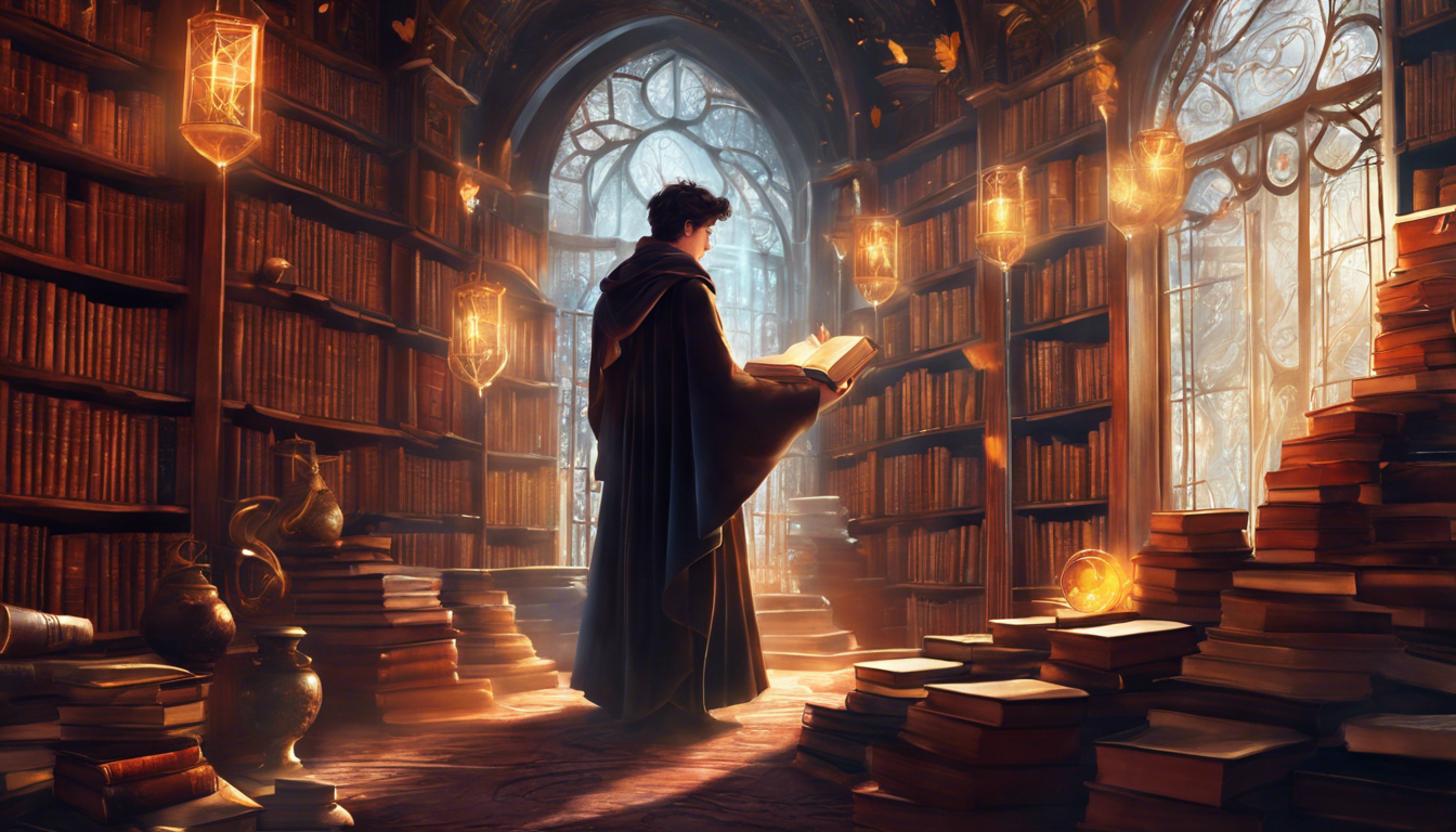 An adolescent boy is standing in an ancient and majestic library, surrounded by books.