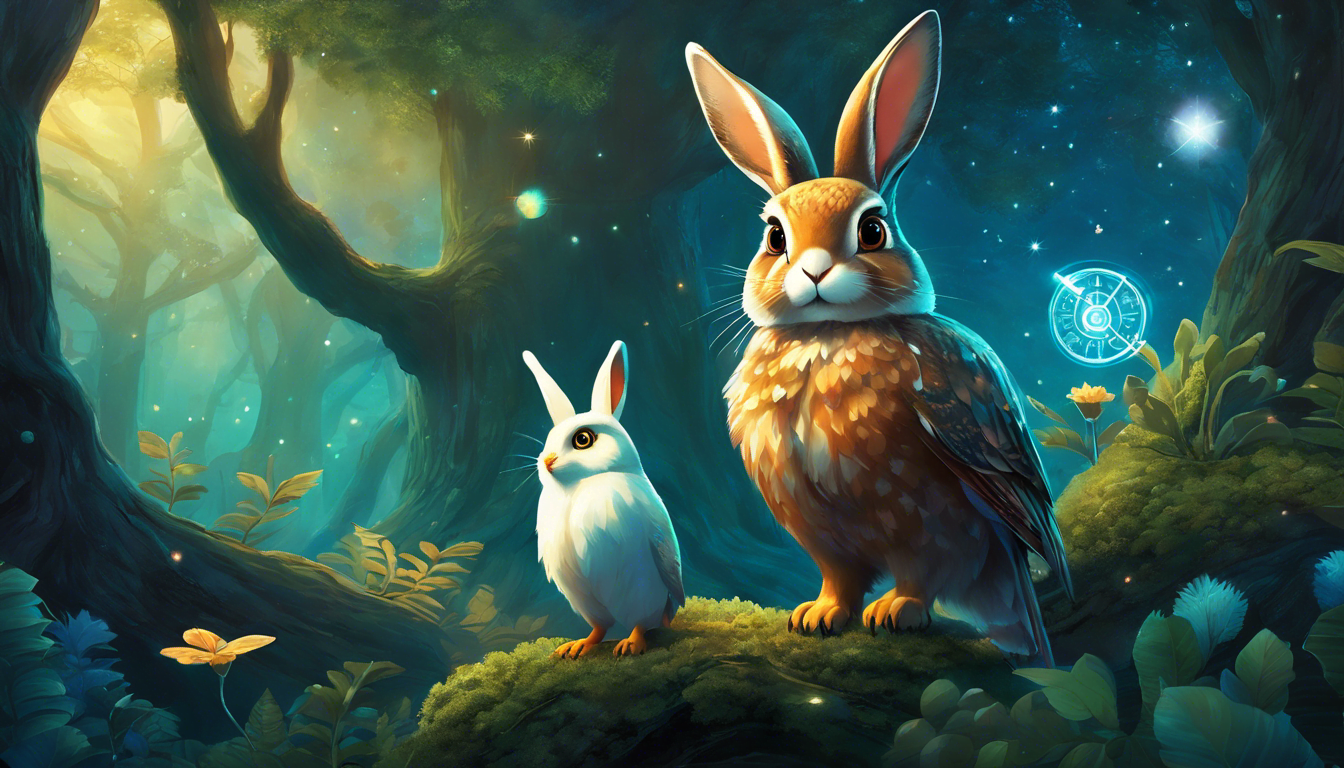 A rabbit holds a glowing compass in a mystical forest.