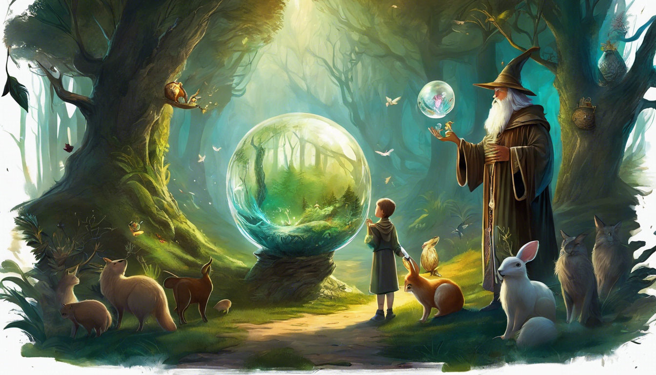 A wizard holds a crystal ball in a mystical forest surrounded by animals and a child.