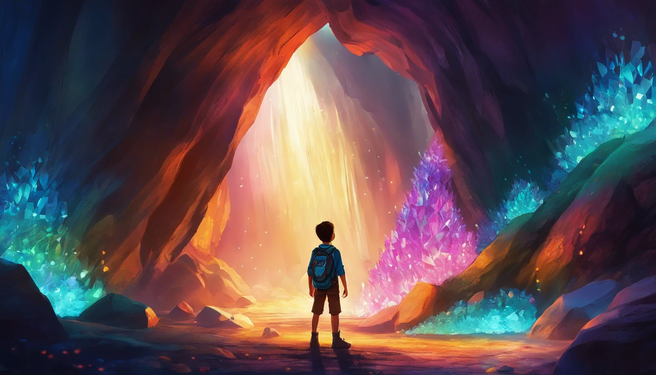 A young boy stands at the entrance of a vibrant cave, illuminated by colorful crystals and beams of light.